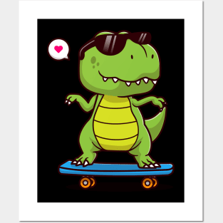 Cute Dino Playing Skateboard Posters and Art